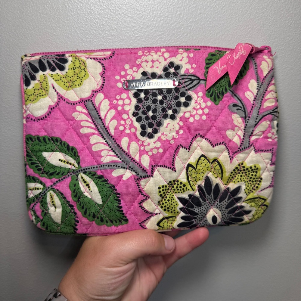 Vera Bradley Priscilla Pink Floral Quilted Cotton Cosmetic Pouch Zip Makeup Bag